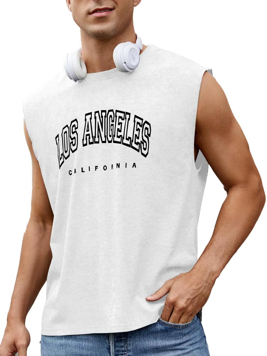 iudam Mens Workout Tank Tops Casual Loose Fit Sleeveless Shirts Gym Muscle T-Shirts with Letter Graphic (White2XL)