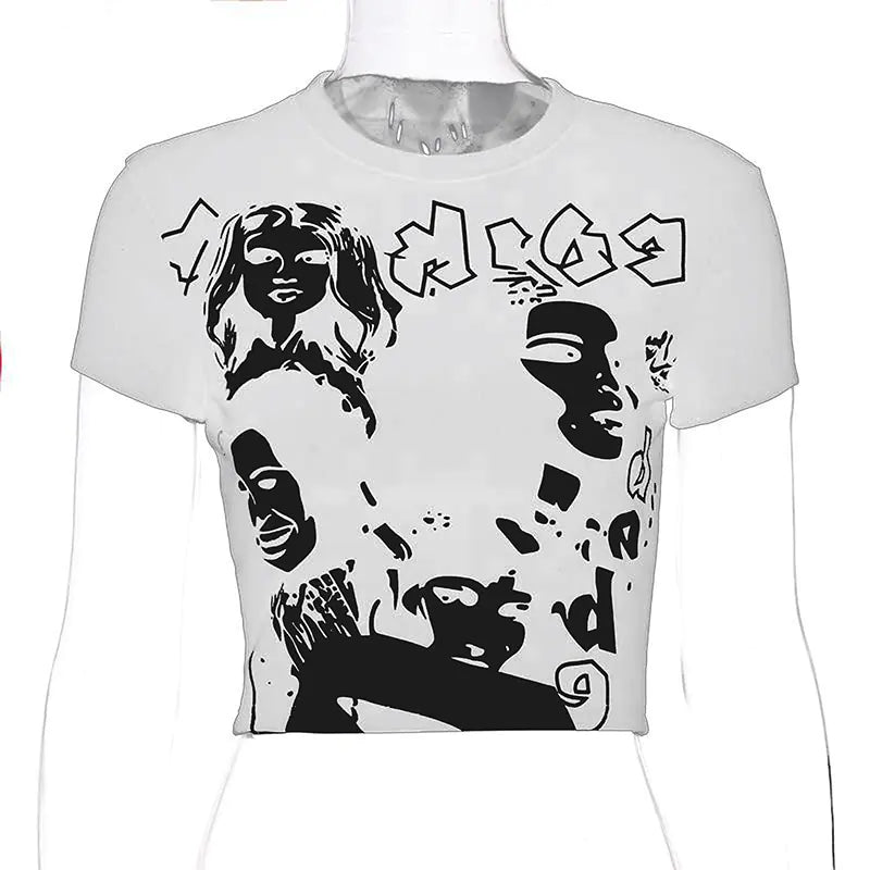 Y2K Face Print Short Sleeve T-Shirt for Resale