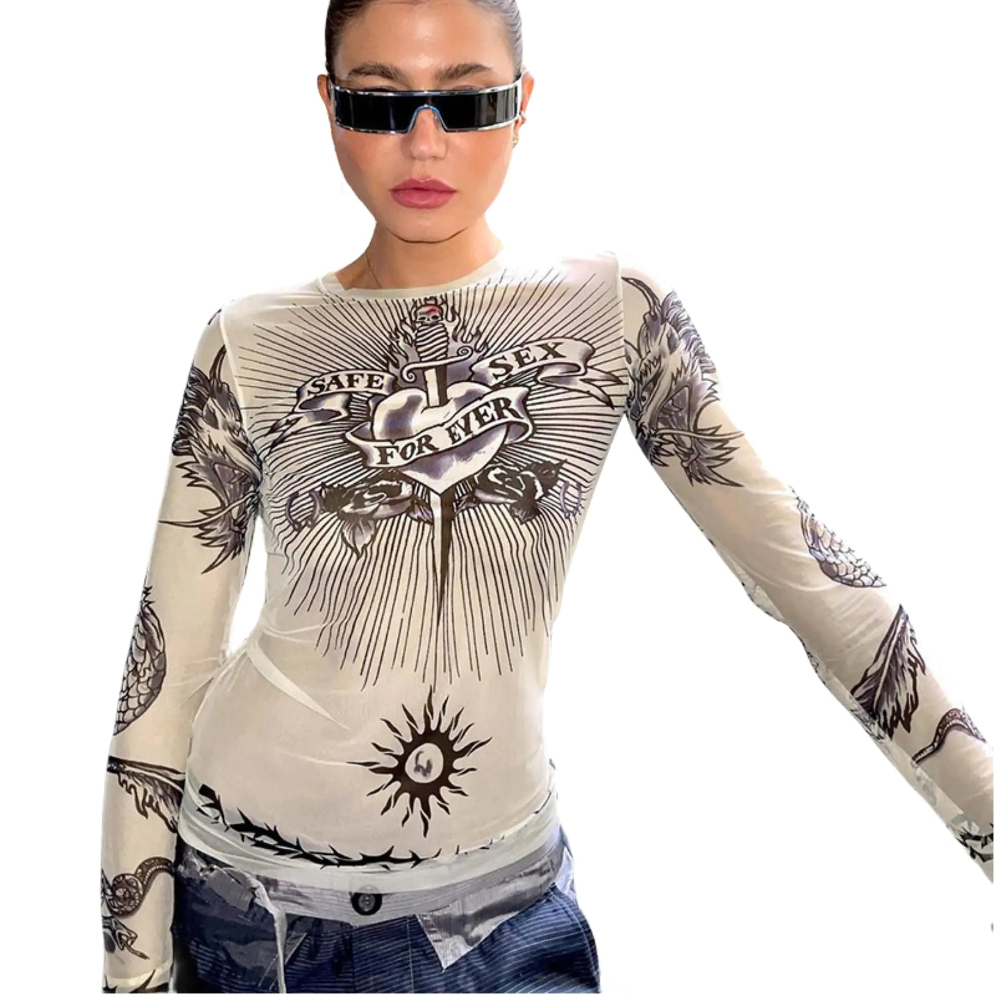 Womens Sexy Mesh Sheer T Shirt Y2K See Through Long Sleeve Crop Top Grunge Aesthetic Slim Tee Tops Beige